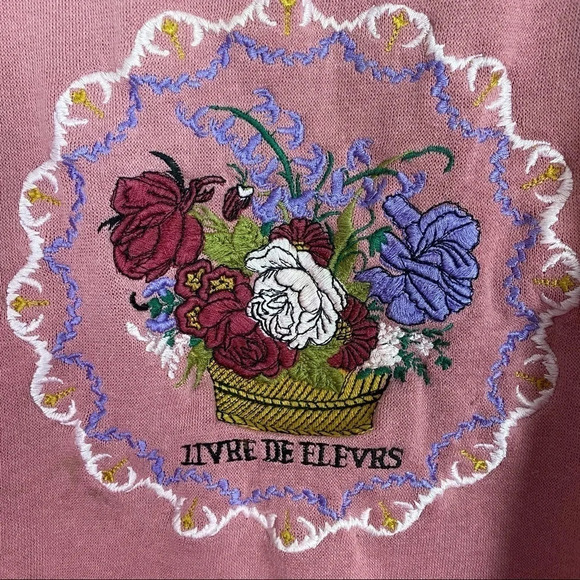 Vintage 90s Flower Embroidered Mockneck Pullover Floral Pink Sweatshirt Small - Picture 4 of 12